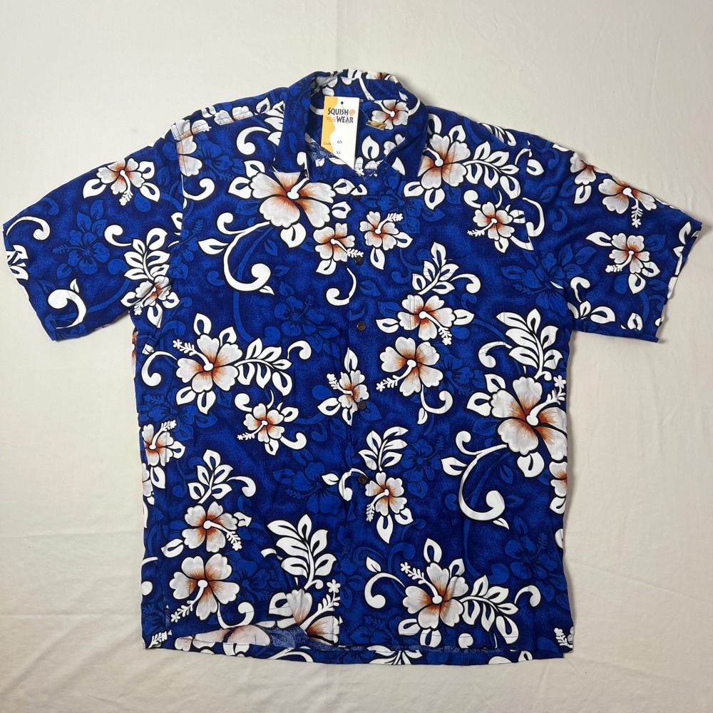 Squish Wear Mens XL Blue Hibiscus Floral Rayon Hawaiian Short Sleeve Shirt NWT